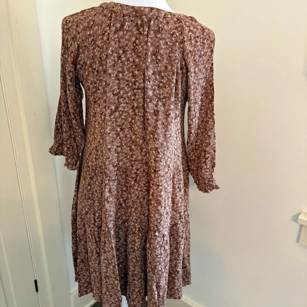 Brown Crinkle Textured Boho Chic Floral Dress by BE COOL, Size Medium - Picture 3 of 11